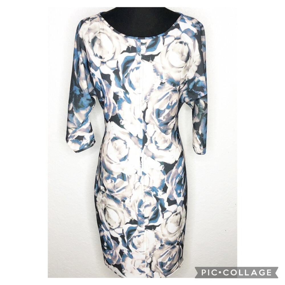 Black Halo cream black blue floral sheath dress size 6